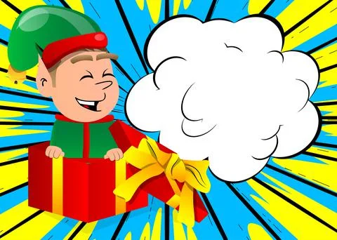 Christmas Elf in a gift box. Vector cartoon character illustration of Santa C Illustrazione stock