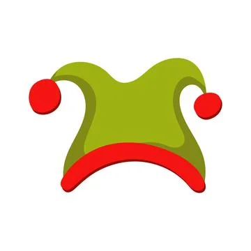 Christmas elf hat in flat design. Red and green jester cap with pom-poms. Vec Stock Illustration
