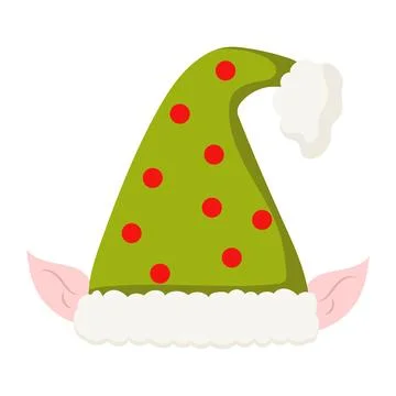 Christmas elf hat in flat design. Green cap with red dots and big ears. Vecto Stock Illustration