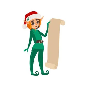 Christmas elf holding a long present list scroll Stock Illustration