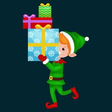 Christmas elf isolated stack of gifts in box in a green suit with, assistan.. Stock Illustration