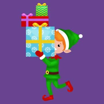 Christmas elf isolated stack of gifts in box in a green suit with, assistan.. Stock Illustration