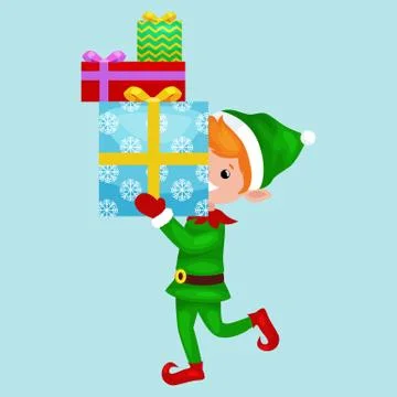 Christmas elf isolated stack of gifts in box in a green suit with, assistan.. Illustrazione stock