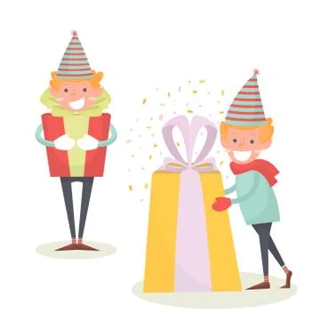 Christmas Elf keeps big gift. Christmas illustration of a cute smiling elf .. Illustrazione stock