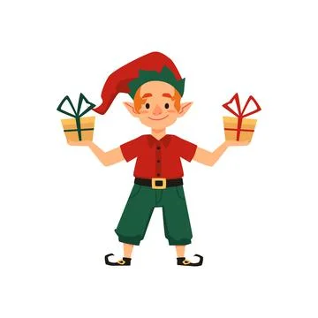 Christmas elf or dwarf with present boxes flat vector illustration isolated. Stock Illustration