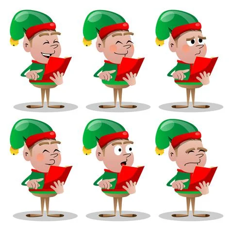 Christmas Elf reading and pointing at an opened book. Vector cartoon characte Stock Illustration