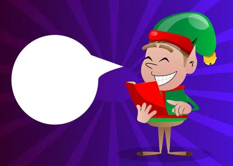 Christmas Elf reading and pointing at an opened book. Vector cartoon characte Stock Illustration