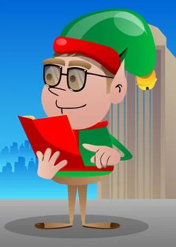 Christmas Elf reading and pointing at an opened book. Vector cartoon characte Stock Illustration