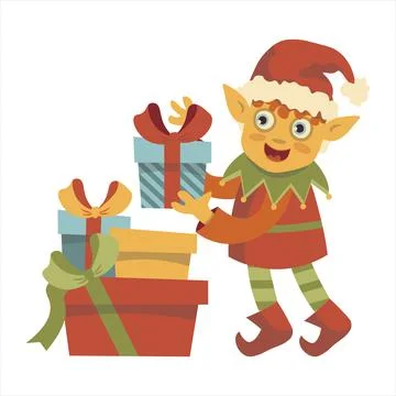 Christmas elf stacking presents in stack of presents vector character christmas Stock Illustration