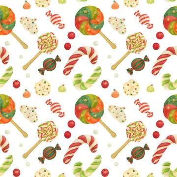 Christmas Elves Factory pattern with candy canes, lollipops, zefirs and candi Stock Illustration