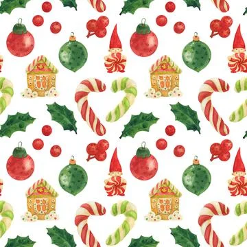 Christmas Elves Factory pattern with candy canes, holly and glass baubles Stock Illustration