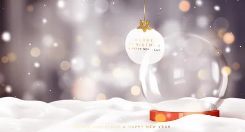 Christmas empty glass snow globe stands in snow on background of gray blurred Stock Illustration