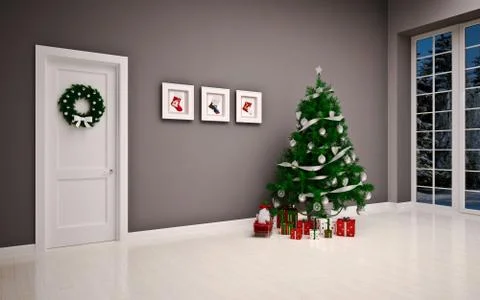 Christmas Empty interior with door &amp; tree Stock Illustration