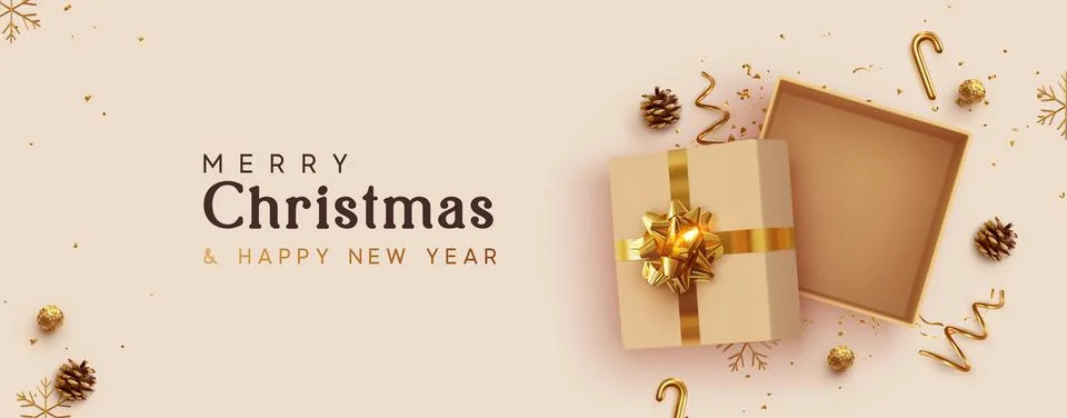 Christmas Empty Open gift box template. Xmas design Realistic decorative obje Illustrazione stock