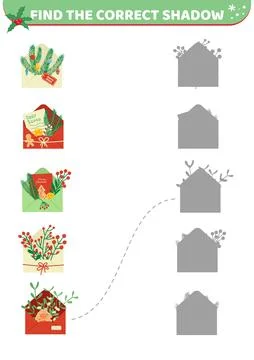 Christmas envelopes. Find the correct shadow. Shadow matching game. Cartoon Stock Illustration