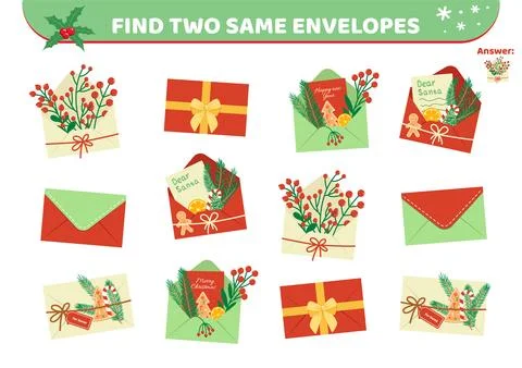 Christmas envelopes. Find two same pictures. Game for children. Flat, cartoon Stock Illustration