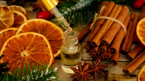 Christmas essential oils in bottles. Selective focus. Stock Footage 164760396