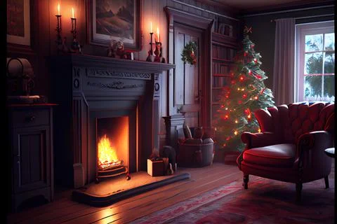 Christmas eve cozy mood in classic decorated living room with fireplace, ch.. Stock Illustration