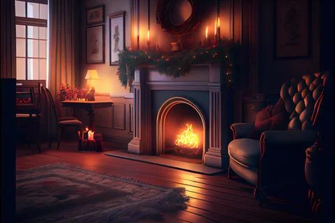 Christmas eve cozy mood in classic decorated living room with fireplace, ch.. Stock Illustration