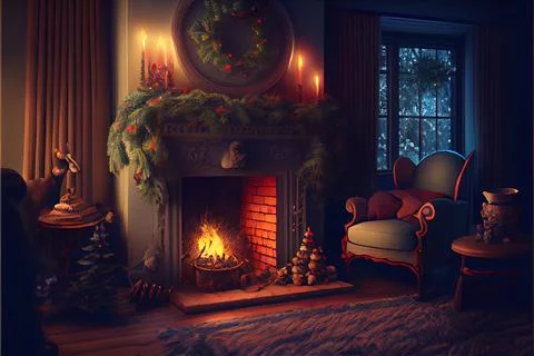 Christmas eve cozy mood in classic decorated living room with fireplace, ch.. Stock Illustration