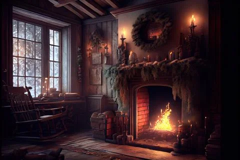 Christmas eve cozy mood in classic decorated living room with fireplace, ch.. Stock Illustration