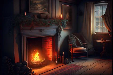 Christmas eve cozy mood in classic decorated living room with fireplace, ch.. Stock Illustration