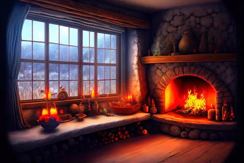 Christmas eve cozy mood in classic decorated living room with fireplace, ch.. Stock Illustration