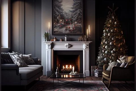 Christmas eve cozy mood in classic decorated living room with fireplace, ch.. Stock Illustration