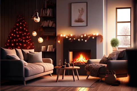 Christmas eve cozy mood in classic decorated living room with fireplace, ch.. Stock Illustration