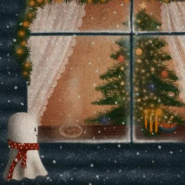 Christmas eve ghost looking through window. Cookies are warm illustration Ilustración de archivo