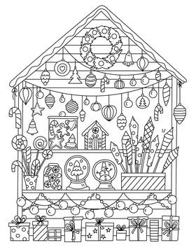 Christmas Fair Booth With Tree Decor Fireworks Snow Globes Stock Illustration