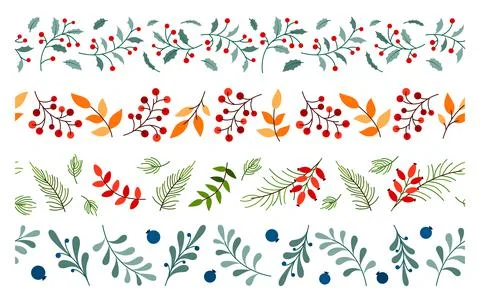 Christmas fall floral seamless border flat set Stock Illustration