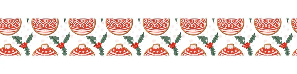 Christmas festive border pattern with xmas cookies and winter plant holly b.. イラスト素材