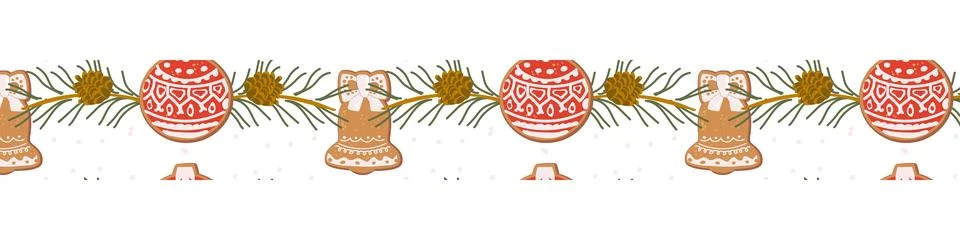 Christmas festive border pattern with xmas cookies and winter plants. Stock Illustration