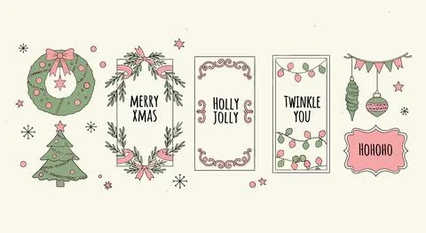 Christmas festive decoration elements, hand-drawn style, pastel colors イラスト素材