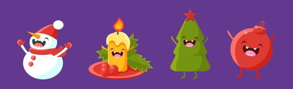 Christmas Festive Elements with Funny Smiling Face Vector Set Stock Illustration