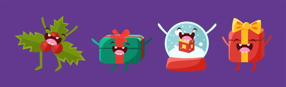 Christmas Festive Elements with Funny Smiling Face Vector Set イラスト素材