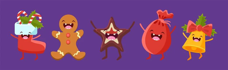 Christmas Festive Elements with Funny Smiling Face Vector Set 스톡 일러스트