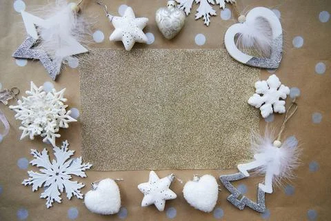Christmas festive frame: ornaments - basic classic pattern, place for text Stock Photos