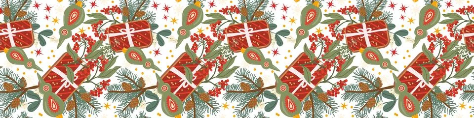 Christmas festive pattern border wit cookie gift, fir branches and cotoneaste 스톡 일러스트