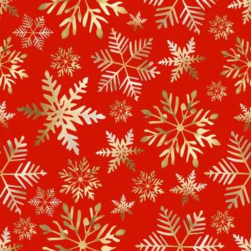 Christmas festive seamless pattern with gold snowflakes on red background Stock Illustration