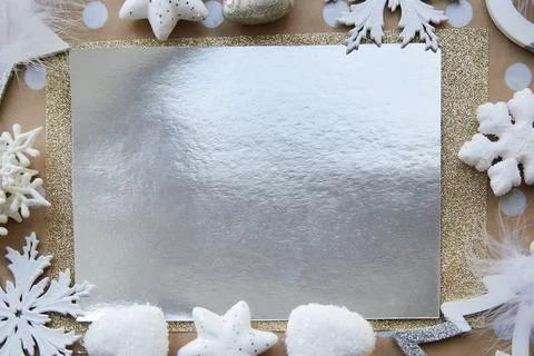 Christmas festive silver reflection mock up. Stationery card on golden 스톡 사진