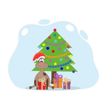 Christmas festive tree with gift boxes and with a bull. Stock Illustration