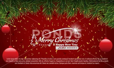 Christmas fir border with fir leaf and golden confetti. Vector Illustration. Stock Illustration