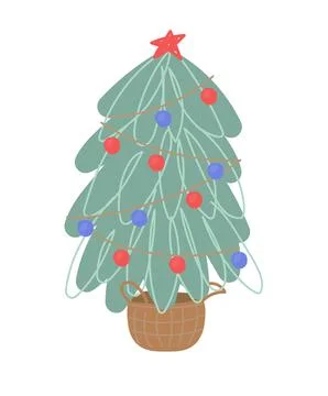 Christmas fir tree with lights. Vector illustration in flat style on a white Stock Illustration