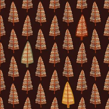 Christmas fir trees in a seamless pattern, modern hand draw design. Winter ba 스톡 일러스트