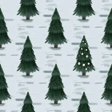 Christmas fir trees in a seamless pattern, modern hand draw design. Winter ba Stock Illustration