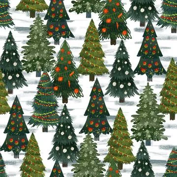 Christmas fir trees in a seamless pattern, modern hand draw design. Winter ba Stock Illustration