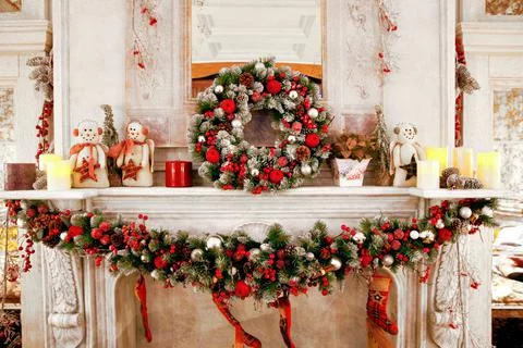 Christmas fireplace decor Stock Photos