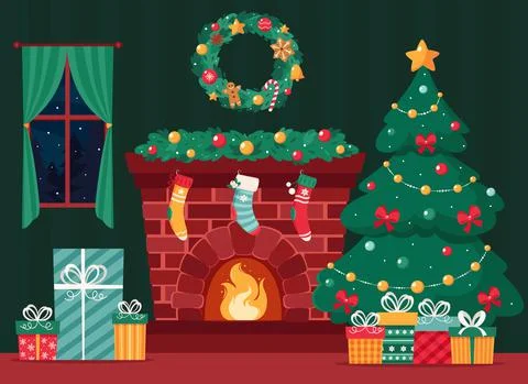 Christmas fireplace with fir tree, gifts, wreath, stockings, garland. Stock Illustration